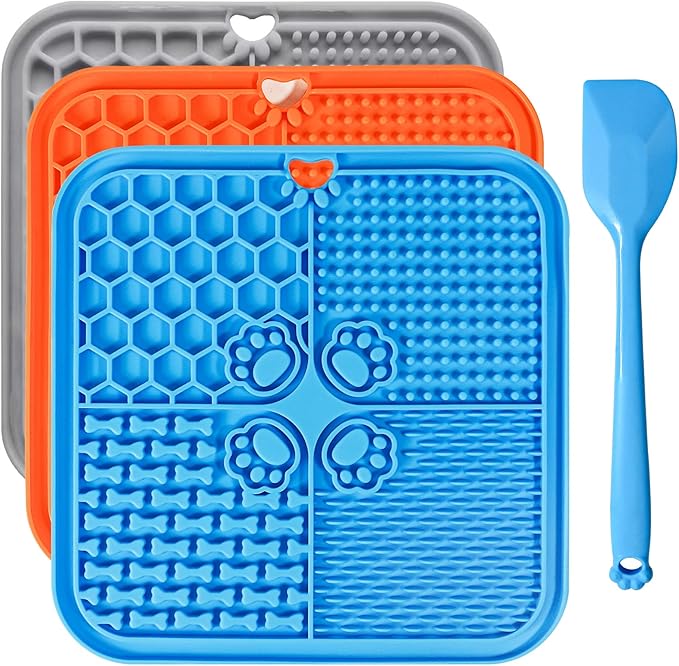 Lick Mat for Dogs, Dog Lick Mat with Suction Cups Dog Food Mats and Slow Feeder Cat Bowl for Dogs Anxiety Relief Cats Enrichment Toys for Pet Bathing Station and Cat Grooming 3Pack (Blue&Orange&Gray)