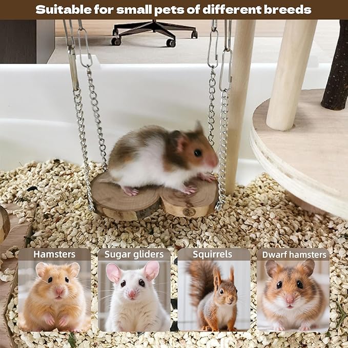 Hamster Playground & Climbing Toys Set, Natural Wooden Small Animal Activity Center with Ladder, Bridge, Ramp, Food Bowl, Multi-Room Hideout for Mice, Gerbils, Rats - Hamster Cage Accessories