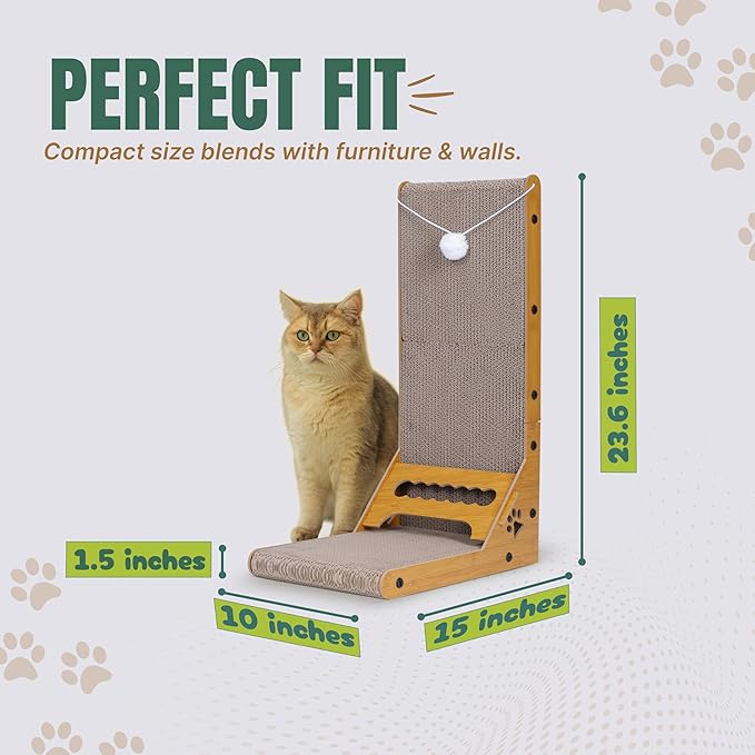 Cat Cuddles Cardboard Cat Scratcher for Indoor Cats - 3-in-1 Vertical & Horizontal Cardboard Scratch Pad with Toy Ball - L-Shape Scratching Post for Furniture Protection