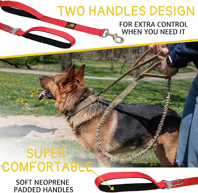 ADITYNA Tactical Bungee Dog Leash 6ft-7.5ft - Shock Absorbing Lead with 2 Padded Handles, Metal Clasp, Car Seatbelt - Heavy Duty No Pull for Medium, Large & XL Breeds