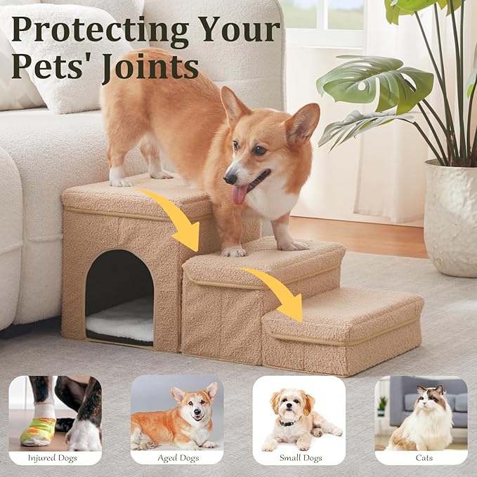 Dog Stairs for Small Dogs with Storage and Condo,Foldable Pet Stairs for Small Medium or Puppy Dogs and Older Cats, Dog Steps for Bed or Couch(Beige,13" H)