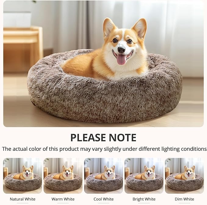 JOLLYVOGUE Calming Dog Bed for Small Dogs - 23 inches Donut Washable Small Dog Bed for Kittens & Puppies, Anti-Slip Round Fluffy Plush Faux Fur Cat Beds (Fits up to 25 lbs Pets, Smoke Brown)