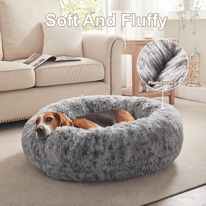 33 inches Donut Dog Bed for Medium Large Dogs,Calming Fluffy Round Pet Bed with Removable & Washable Cover,Fits up to 65 lbs Pets(Dark Grey,M Plus)