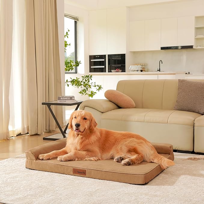 Orthopedic Dog Bed for Large Dogs, 36"x27"x6" Memory Foam Pet Bed with Washable Microsuede Cover, TPU Waterproof Liner & Nonskid Bottom, for Indoor, Outdoor, Crate ＆ Car Use, Khaki