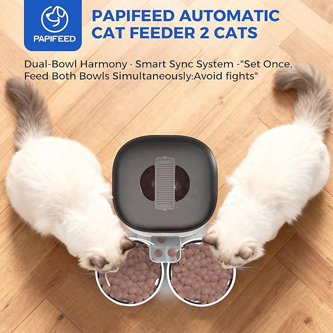 PAPIFEED Automatic Cat Feeder for 2 Cats, 7L Large Capacity Food Dispenser for Multiple Pets, Timed Cat Feeder for Dry Food, Detachable for Easy Cleaning, Up to 12 Portions 6 Meals Per Day - White