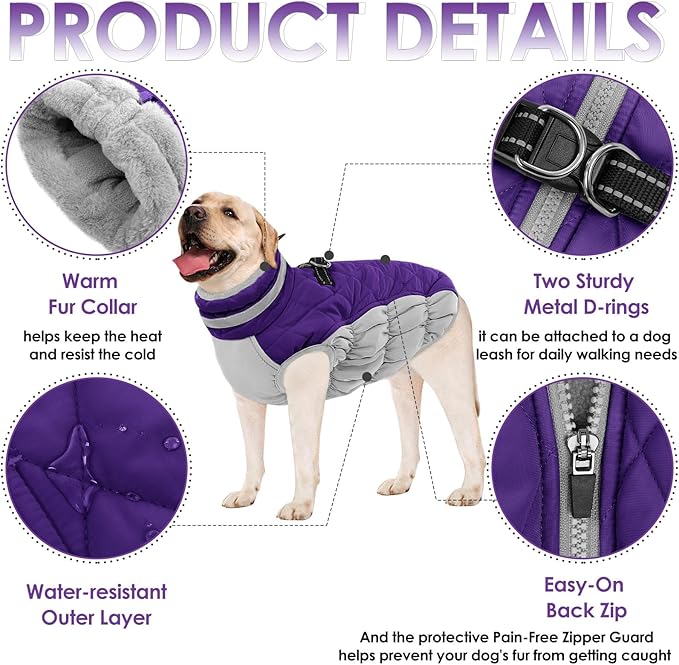 AOFITEE Dog Coat, Warm Dog Winter Coat for Large Dogs, Reflective Turtleneck Dogs Jacket with Harness Built in, Waterproof Windproof Pet Puffer Jacket Fleece Vest for Cold Weather, Purple XXXL
