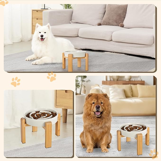 Elevated Slow Feeder Dog Bowl - Ceramic Food Dish with Bamboo Stand - Raised Maze Design - Ideal for Medium to Large Dogs - Milky White - 8.4 inch