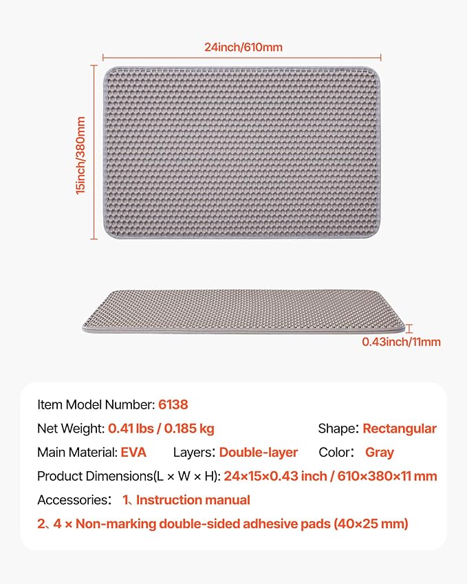 VEVOR Cat Litter Mat, 24 x 15 in, Double-Layer Litter Box Mat, Non-Slip & Urine-Proof Litter-Trapping Mats for Indoor Cats, Honeycomb Design, Soft on Paws, Washable Large Kitty Mats for Floor