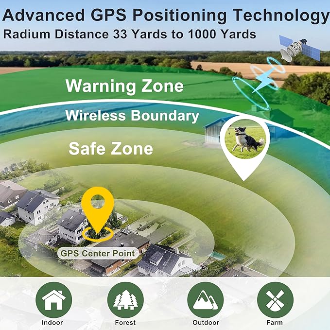GPS Dog Collar Fence System, Fenceless Rechargeable Wireless Dog Fence for Yard, 30-1000ft Range, 3 Modes, GPS Shock Collar for Dogs with Boundary Training System, No Wire Needed, Easy Setup