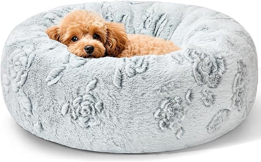 Dog Calming Beds for Small Medium Large Dogs - Round Donut Washable Puppy Dog Bed, Anti-Slip Faux Fur Fluffy Donut Cuddle Anxiety Cat Pet Bed (20" Rose)