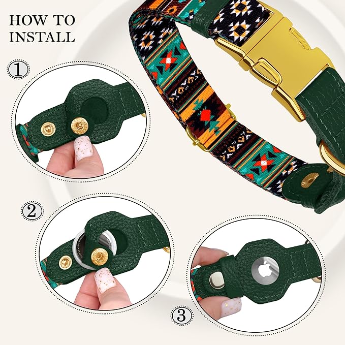 AirTag Dog Collar for Small Medium Large Breed - Adjustable Cute Pattern Dog Collar with Airtag Holder - Soft Leather Tracker GPS Apple Air Tag Pet Collars (Large, 17"-21" Neck Fit, Tribal)