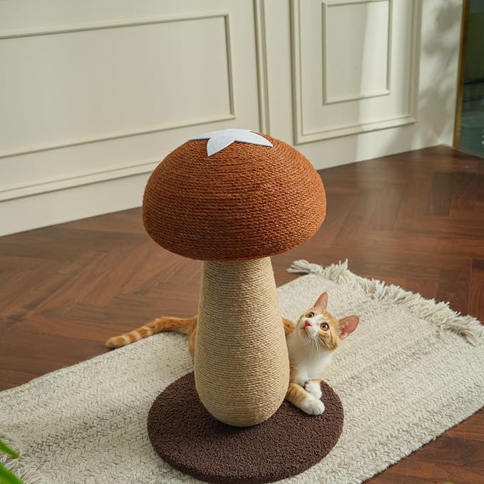 Shiitake Mushroom Cat Scratching Post – 100% Sisal Scratch Pole with Pompom Toy, Cute Shiitake Design for Indoor Cats, Durable Cat Scratcher Furniture