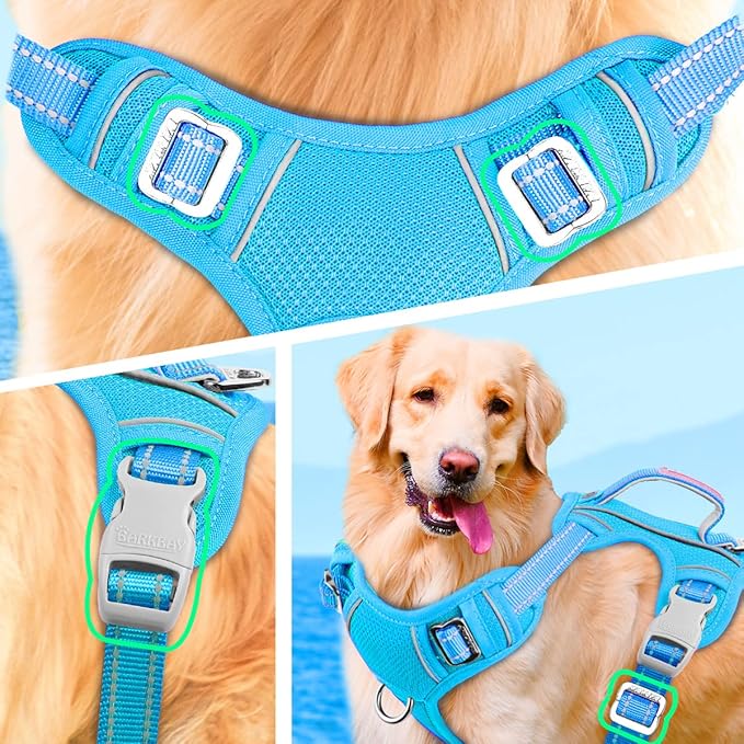 BARKBAY No Pull Dog Harness Large Reflective Dog Harness with Front Clip and Easy Control Handle for Walking Training Running with ID tag Pocket(Blue,L)
