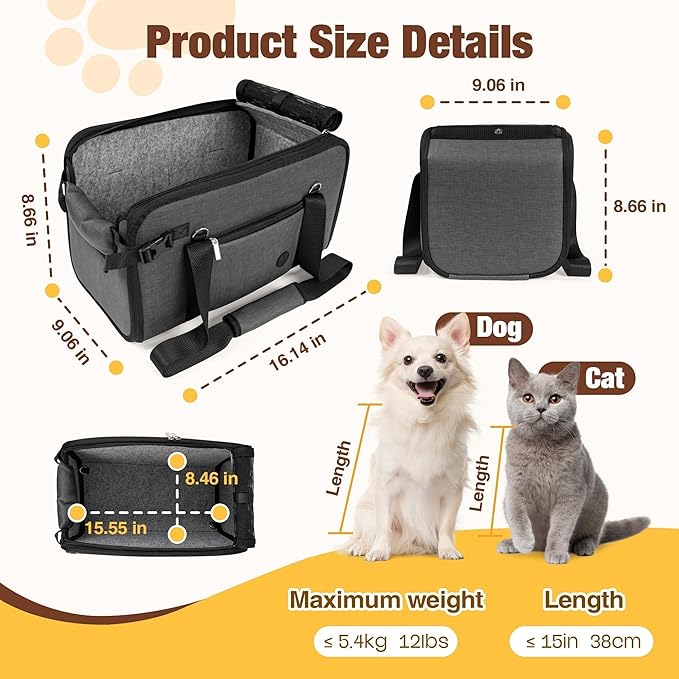 YUDODO Center Console Dog Car Seat, Anti-Slip Pet Cat Booster Seat for Small Dogs, Portable Puppy Bed Carseat Carrier PU Leather Gray