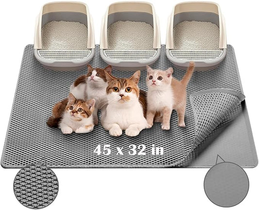 XL Cat Litter Mat - 45"x32" Extra Large, Honeycomb Double Layer Traps Litter, Washable & Urine Proof, Non-Toxic EVA for Multi-Cat Homes (Grey)