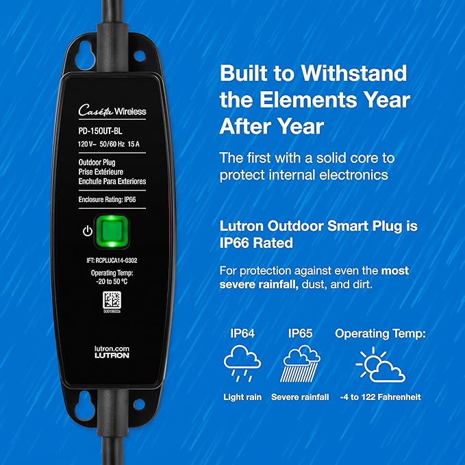 Lutron Smart Outdoor Plug for Caseta Smart Lighting, for Summer, Patio, Backyard, and Outdoor Lights, & Motors, 15A LED Fixtures & 1/2 HP Motors, PD-15OUT-BL, Black