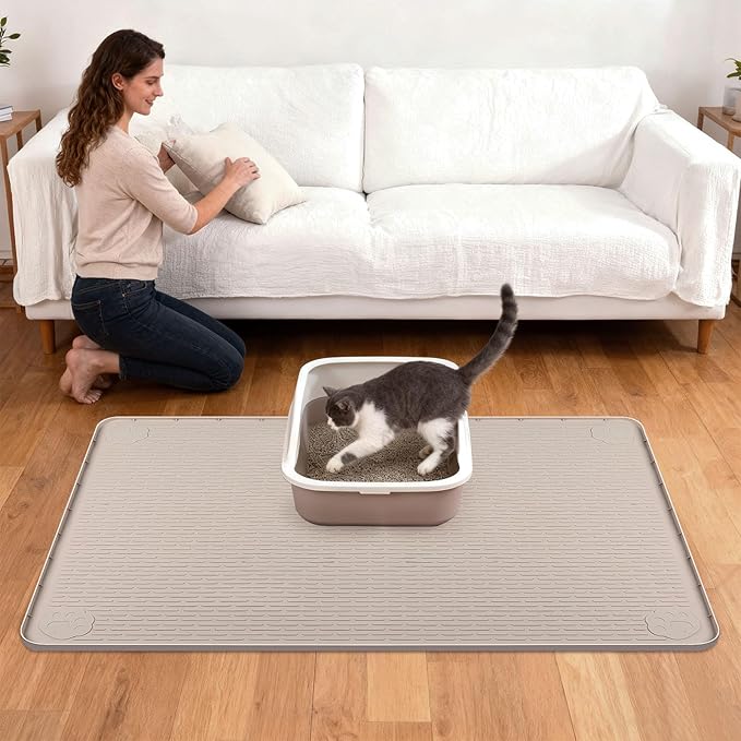 40"x28" Cat Litter Mat Lanstics Cat Mat for Litter Box Large Silicone Litter Box Mat for Kitty Scatter Control Floor Protect (Khaki)