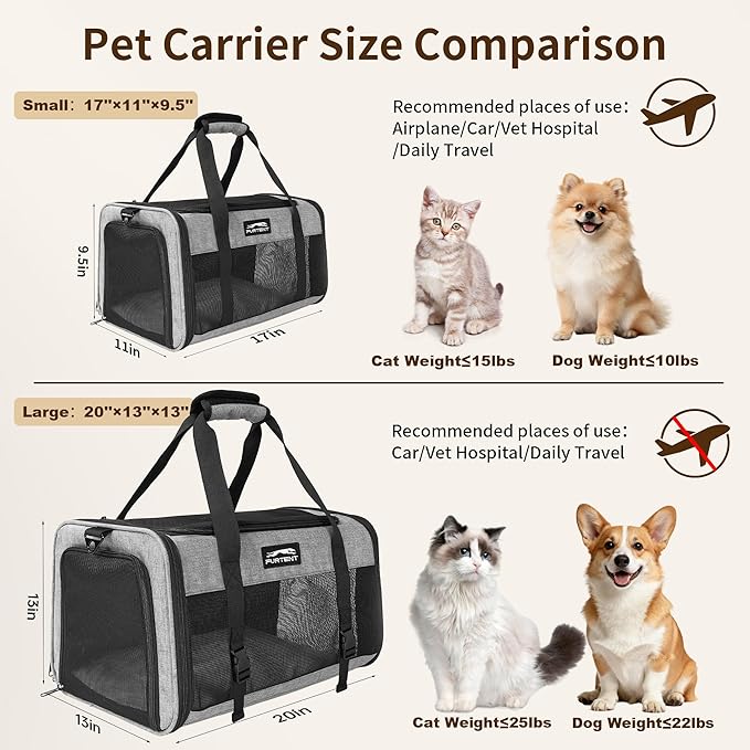 TSA Approved Pet Carrier for Small Cats and Puppies, Soft-Sided and Foldable, Cat and Dog Carrier Fits Pets Up to 15 lbs, Durable Portable Travel Bag with Litter Box, Dark Gray