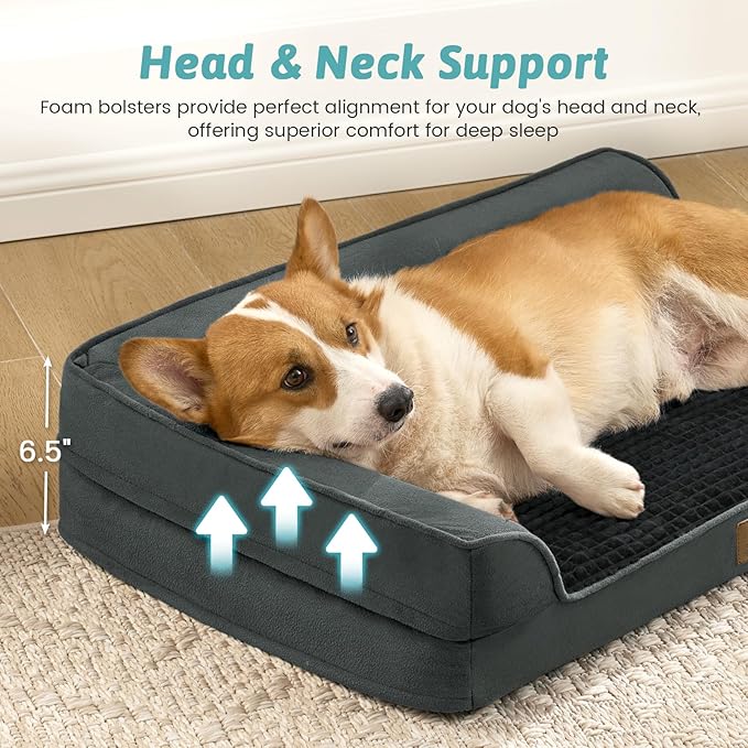 Orthopedic Dog Bed for Medium Small Size Dog, Dogs Crate Bed, L Shaped Foam Anti-Slip Bottom Pet Cat Sofa with Washable Removable Cover, Suitable for Pet Up to 40 lbs, 30x20x6.5 inch, Black