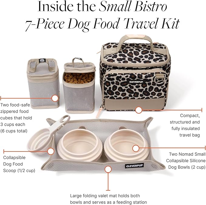Small 7-Piece Bistro Box Dog Food Travel Kit, 6-Cup Kibble Storage, 2 Silicone Bowls, Mat & Scoop - Premium Portable Pet Food Kit for Weekends, Overnights, Daycare & Camping, Leopard
