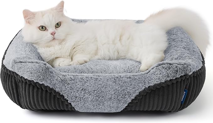 Bedsure Washable Dog Bed Small Dog＆Cat- Rectangle Fluffy Plush Kitten Puppy Bed, Comfy Corduroy Fleece and Nonskid Bottom,20x19x6inches,Suitable for Pet Up to 15lbs,Grey