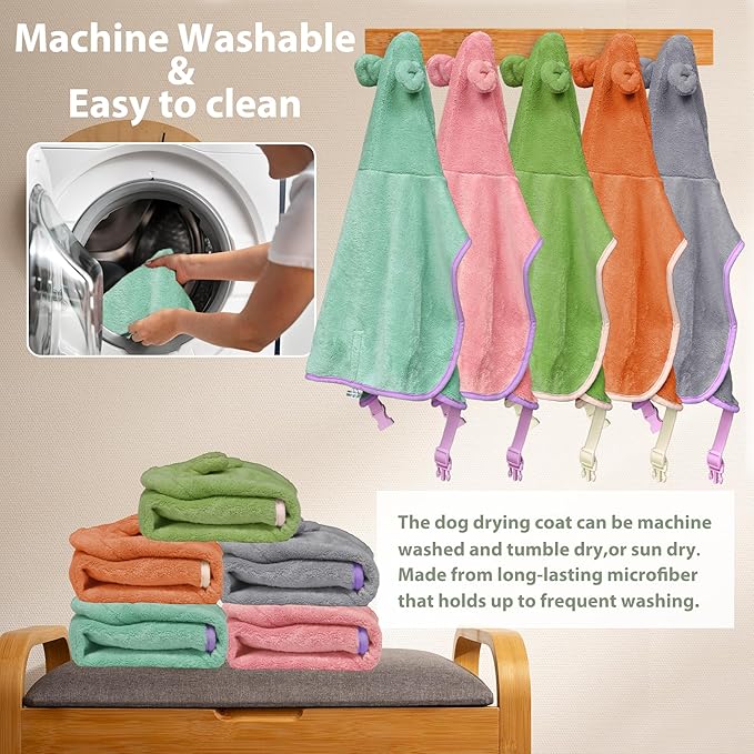 Dog Bathrobe Super Absorbent Towel Robe - Microfiber Bath Towels Fast Drying Coat for Dogs, Cute Dogs Clothes Adjustable Collar & Belly Strap Warm Keeping Hooded Dog Towel (Grey, Large)