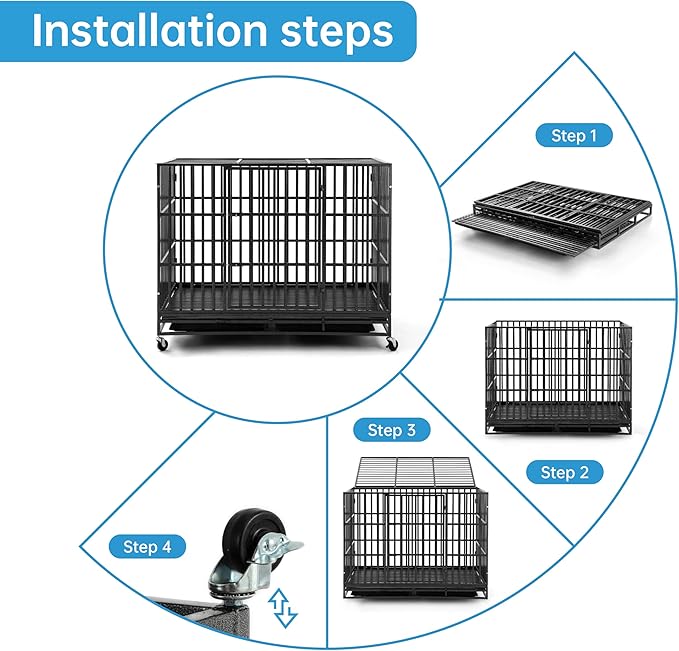60 inch Heavy Duty Dog Crate, Folding Dog Kennel No Assembly, Escape Proof Large Dog Cage Kennel with Lockable Wheels, High Anxiety Pet Playpen with Double Door Indoor/Outdoor