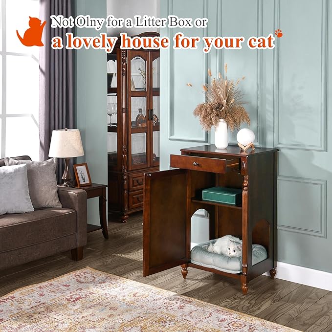 2-Set Solid Wood Cat Litter Box Enclosure, Hidden Litter Box Furniture, Wooden Pet House Storage Cabinet, Wooden Floor Cabinet for Hallway, Entryway or Living Room Home Decor, Cherry Walnut