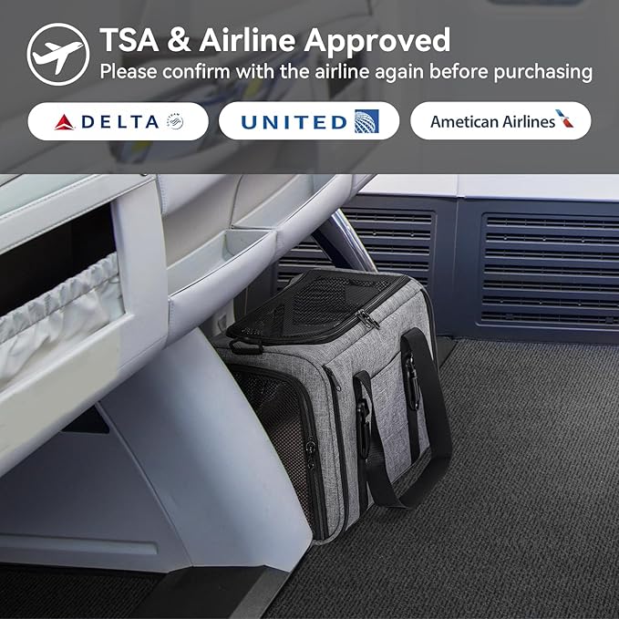 PETSFIT Cat Car Carrier for Small/Medium Cats Dogs, 18"x11"x11" Airline Approved Cat Carrier, with Patent Safety Buckles and Escape-Proof Zipper - Safeguarding Car Travel, Airplane, Vet, Outdoor