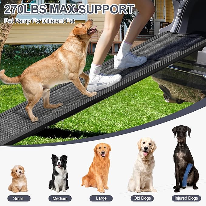 Dog Ramp for Car 71" Extra Long & 17.2" Wide Folding Dog Ramps for Large Dogs with Non-Slip Rug Surface Portable Dog Car Ramp for SUV Car & Truck, Outdoor Dog Ramp Up to 270 LBS