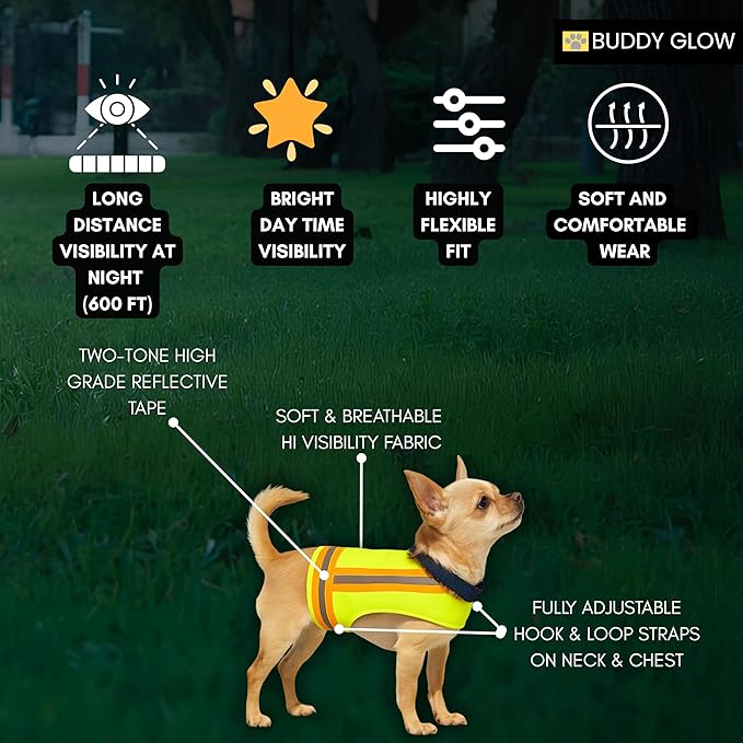 Reflective Dog Vest. High Visibility Yellow Safety Vest for Outdoors. Safeguard Your Dog with Easy to wear Adjustable and Breathable Reflective Gear for Toy or Tiny Breeds (X-Small)