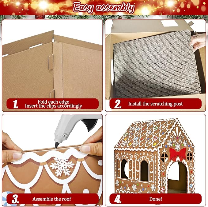 Cinrobiye Christmas Cardboard Cat House with Scratcher Pet Gingerbread Board Bed Cave Playhouse Hideaway Hideout Condo Decor Small Animals Scratch Box for Indoor Cats Kittens Rabbits Bunny (Brown, 1)