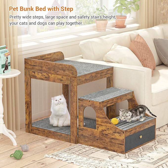 Cyclysio Super Large Multi-Level Pet Bunk Bed with Stairs, Rustic Platform Seat for Cats, Home Indoor Use, Large Size, Includes Mats and Drawers