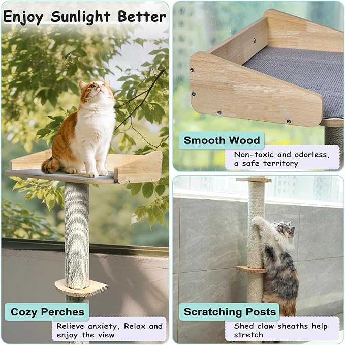 53" Cat Window Perch with Scratching Post, Cat Window Bed with Soft Mat, Non-Slip Base, 2 Suction Cups, Top Observation Perch, Max Support 50 lbs, Multi-Level Perch for Climbing (Natural Wood, 53")