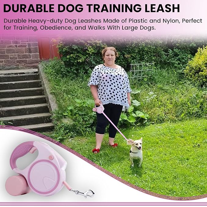 Best Dog Supplies | Pink Retractable Dog Leash with Light, Poop Bag Dispenser, Poop Bag Holder, 2 Elastic Ropes | Set of 4