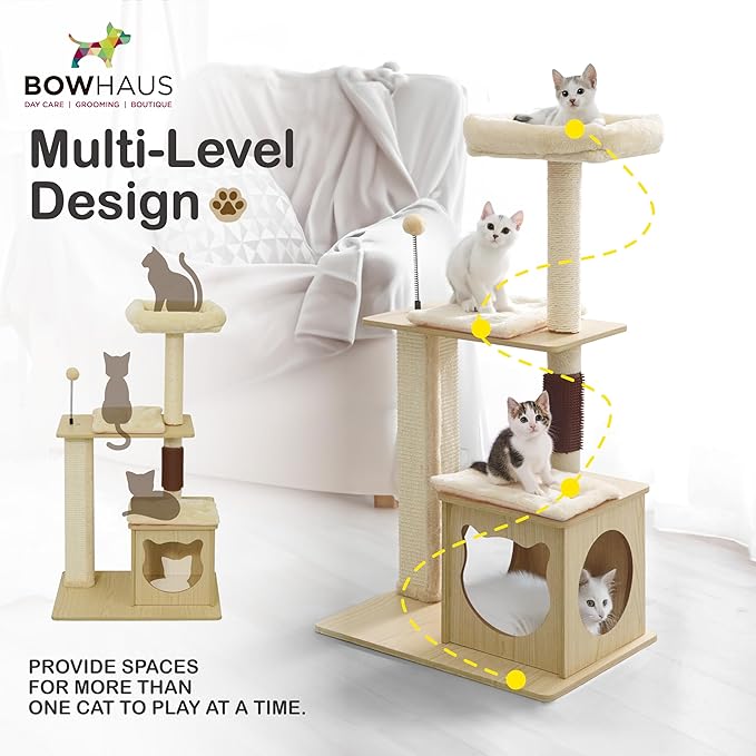 42” Wooden Cat Tree Tower for Indoor Large Cats & Kittens, Modern Tall Cat Climbing Tree w/Cave Condo, Scratching Posts, Perch, Multi-Level Cat Tower w/Interactive Ball & Detachable Cushion