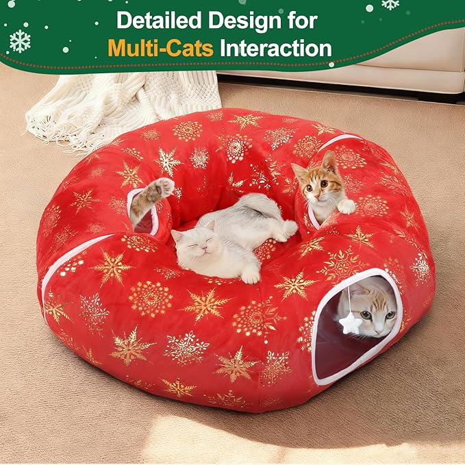Cat Tunnel Bed for Indoor Cats, L Christmas Tree Skirts Washable Warm Soft Indoor Cat Donut Tunnel, Multifunctional Cat Interactive Playground Toys for Felines Pet Christmas Tree Decoration