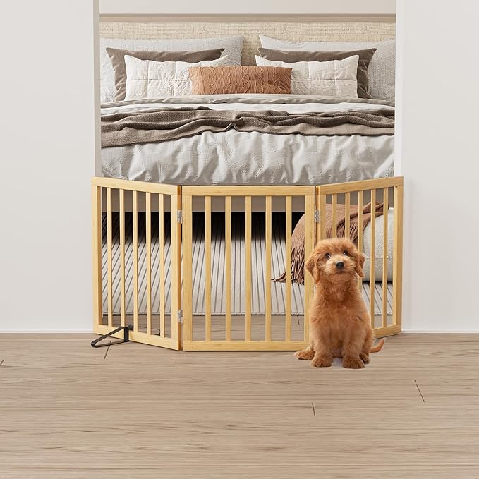 Dog Gates for Doorways Stairs, Foldable Freestanding Pet Gate, Dog Fences Indoor, Bamboo Dog Gates (Natural, 18-55" Wide)