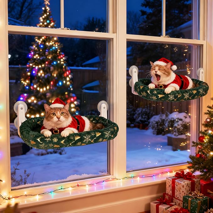 L&W BROS. 2-Pack Foldable Cat Window Perches with Christmas Cushion Bed – Easy to Assemble Cats Hammock for Window, Warm Indoor Cat Beds for Large Cats, Edition(L 2Pc)