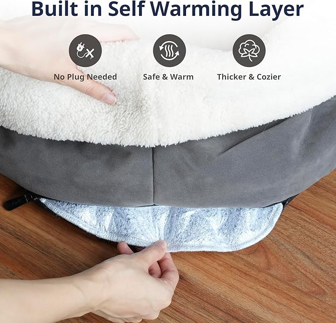 Self Warming Cat Bed, 17.7" x 13.7" Anti-Slip Soft Round Thermal Pet Cushion Bed for Kittens, Cats, Puppies and Small Dogs, Gray