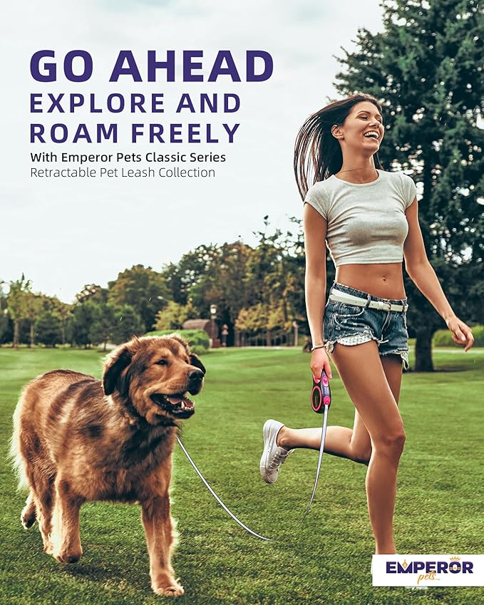 Emperor Pets 26 ft Retractable Dog Leash - Heavy Duty Retractable Pet Leash with Anti-Slip Grip - Reflective Dog Leash Tape for Medium to Large Dogs up to 100 lbs -PK26