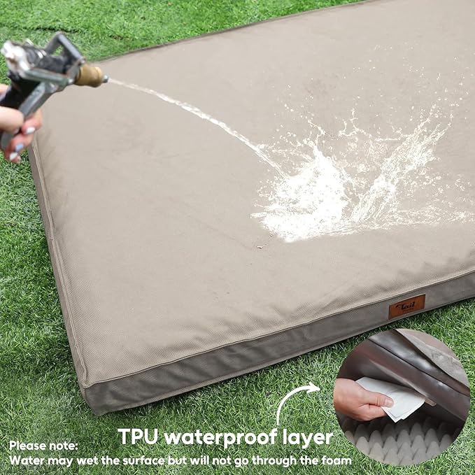 Outdoor Orthopedic Dog Bed for Medium Dogs & Cats, Waterproof Flat Pet Mat with Egg Crate Foam & Washable Removable Oxford Cover, 30x20 Inch, Khaki