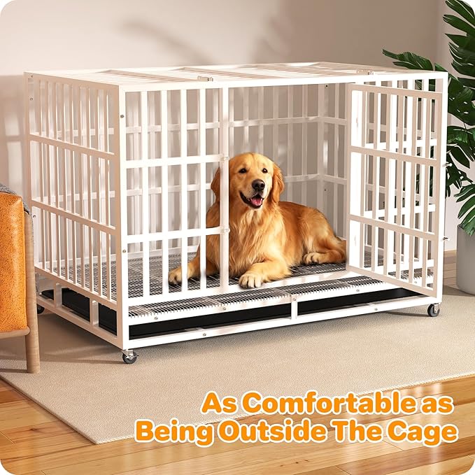 Heavy Duty Dog Crate 48 Inch, Indestructible Dog Crate with Removable Tray, Escape Proof & High Anxiety Dog Kennel Indoor, Metal Dog Cage with Wheels for Large Dogs, XL XXL XXXL