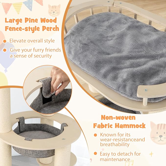 PETSITE 59 Inches Modern Cat Tree, Multi-Level Wood Cat Tower with Sisal Scratching Posts, Cozy Hammock, Comfy Top Perch, and 3 Jumping Platforms, Ideal for Indoor Cats Kittens