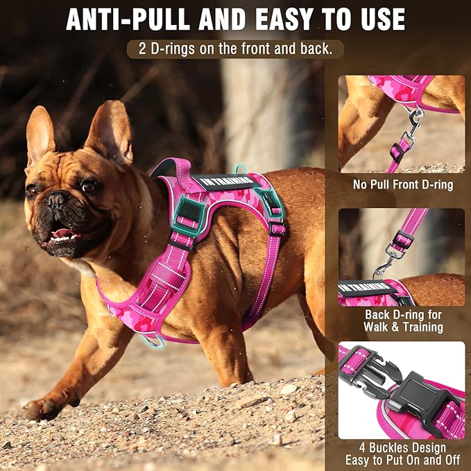 Tactical Service Dog Vest and Leash Set,Heavy Duty No Pull Dog Harness and 10 Patches with Dog Seat Belt for Medium Dogs,Reflective Pet Harness for Training Walking Hiking Camo Pink M