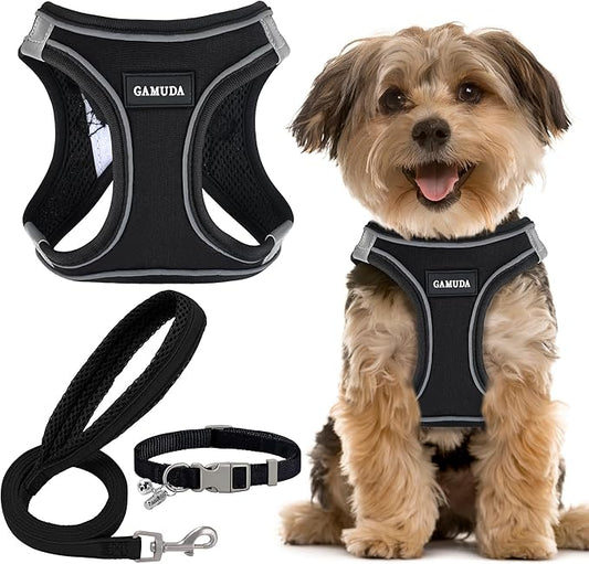 GAMUDA Small Dog Harness Collar and Leash Set, Step in No Chock No Pull Linen Fabric Soft Mesh Dog Vest Harnesses Reflective for Dogs Puppy Cats Kitten Rabbit (Black, XS)