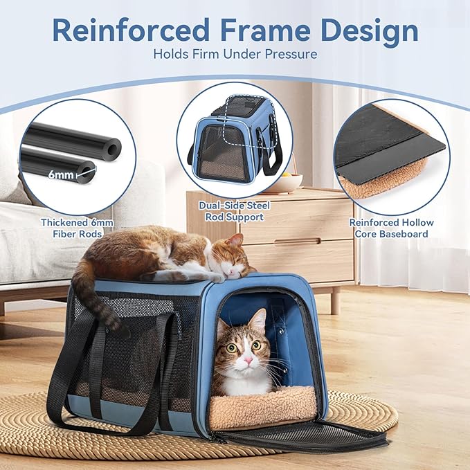 PETSFIT Cat Car Carrier for Small/Medium Cats Dogs, 18"x11"x11" Airline Approved Cat Carrier, with Patent Safety Buckles and Escape-Proof Zipper - Safeguarding Car Travel, Airplane, Vet, Outdoor