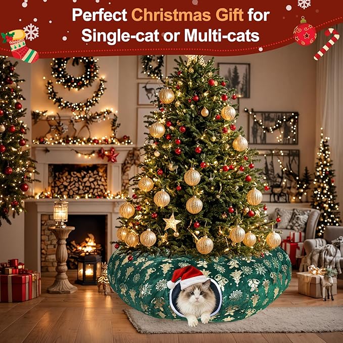 Cat Tunnel Bed for Indoor Cats, XL Christmas Tree Skirts Washable Warm Soft Indoor Cat Donut Tunnel, Multifunctional Cat Interactive Playground Toys for Felines Pet Christmas Tree Decoration