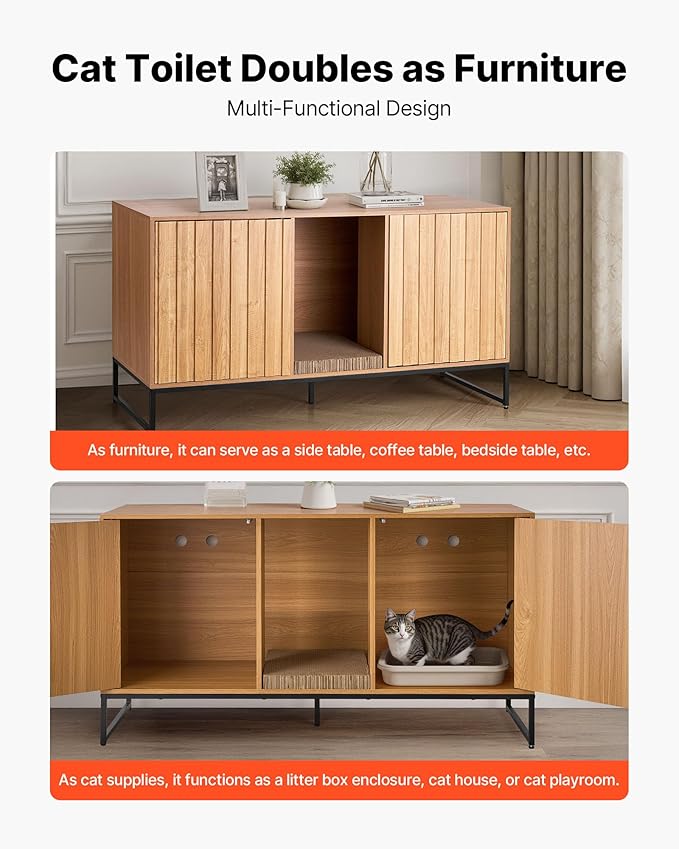 VEVOR Cat Litter Box Enclosure Furniture, 47.2 in Hidden Litter Box Cabinet with Scratch Pad & Storage, Waterproof Cat Washroom End Table Cat House, Fit Most of Litterbox, for Bedroom Living Room