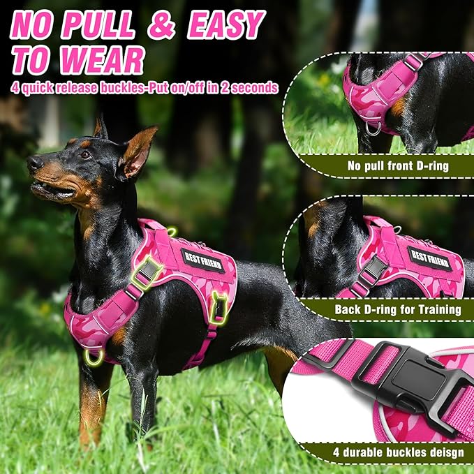 Tactical Dog Harness for Large Dogs,No Pull Military Dog Vest with Easy Control Handle&Molle,Adjustable Heavy Duty Pet Harness for K9 Working Hiking Training Daily Walking Camo Pink L
